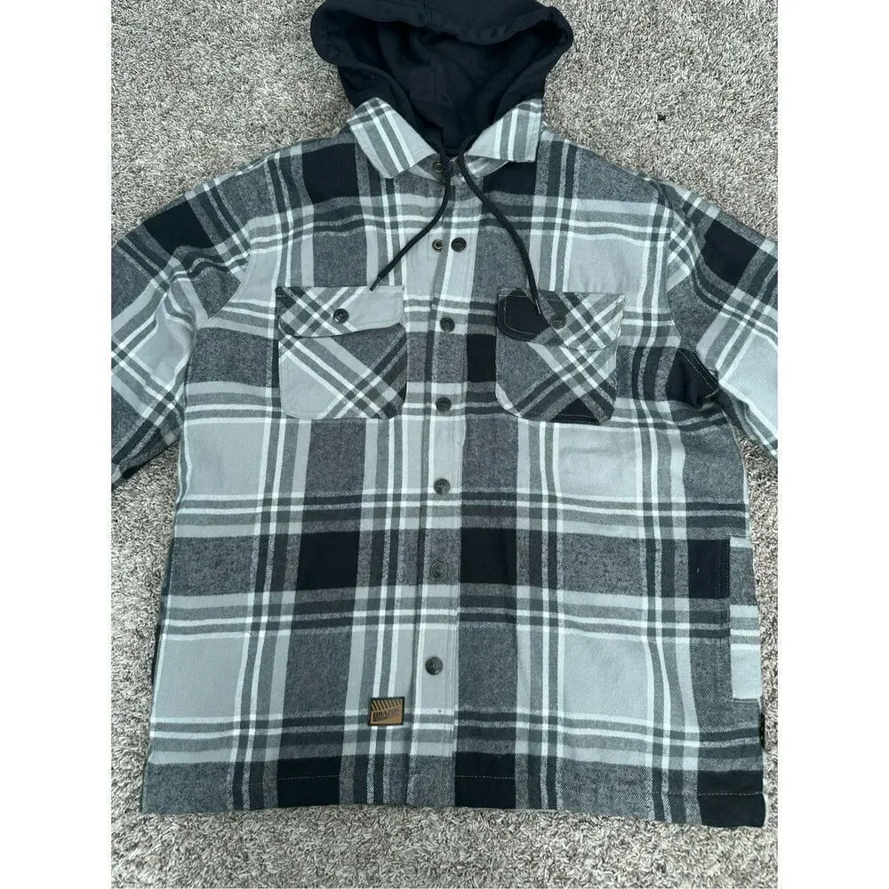 Brazos Men’s M Blacksmith Insulated Hooded Jacket Flannel Plaid Black/Gray Snaps